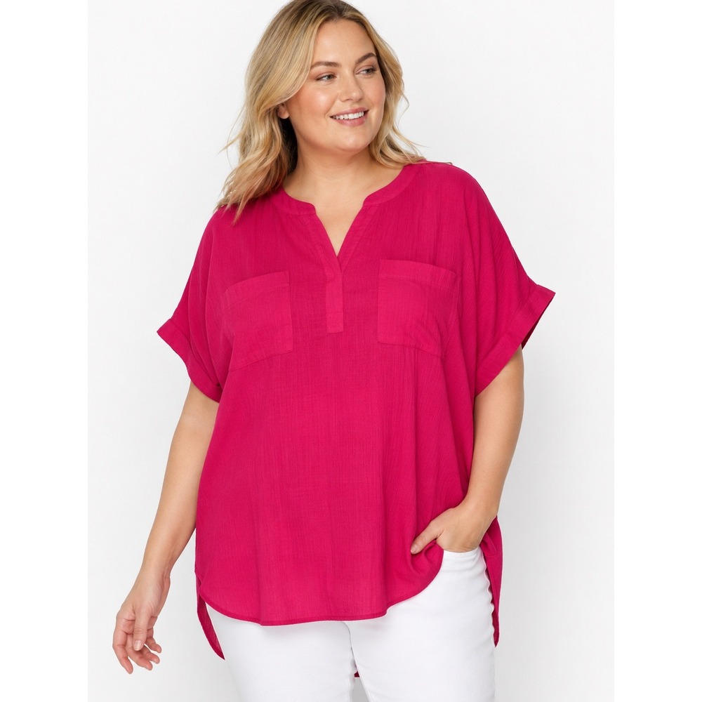 Talbots Plus‎ 2X Hot Pink 100% Cotton Popover Blouse Hi-Low Hem Pockets